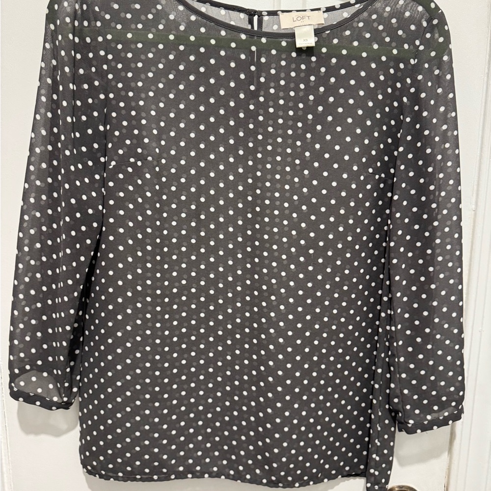 LOFT Sheer Grey and White Polka Dot Blouse